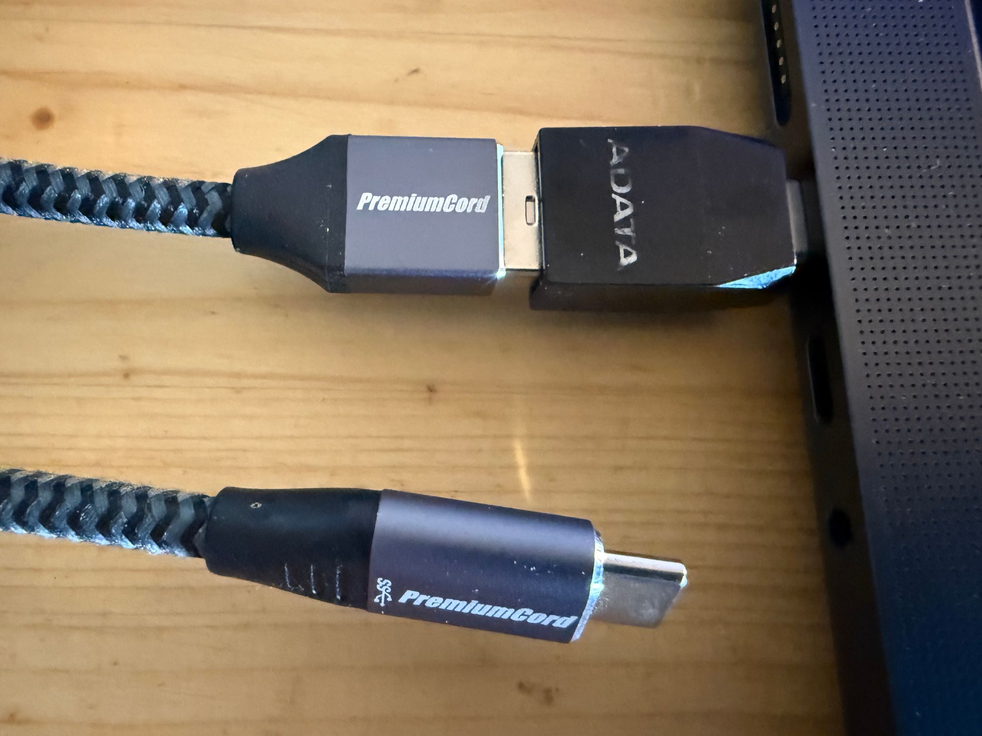 Direct USB-C cable and USB-C to USB-A to USB-C adapter chain