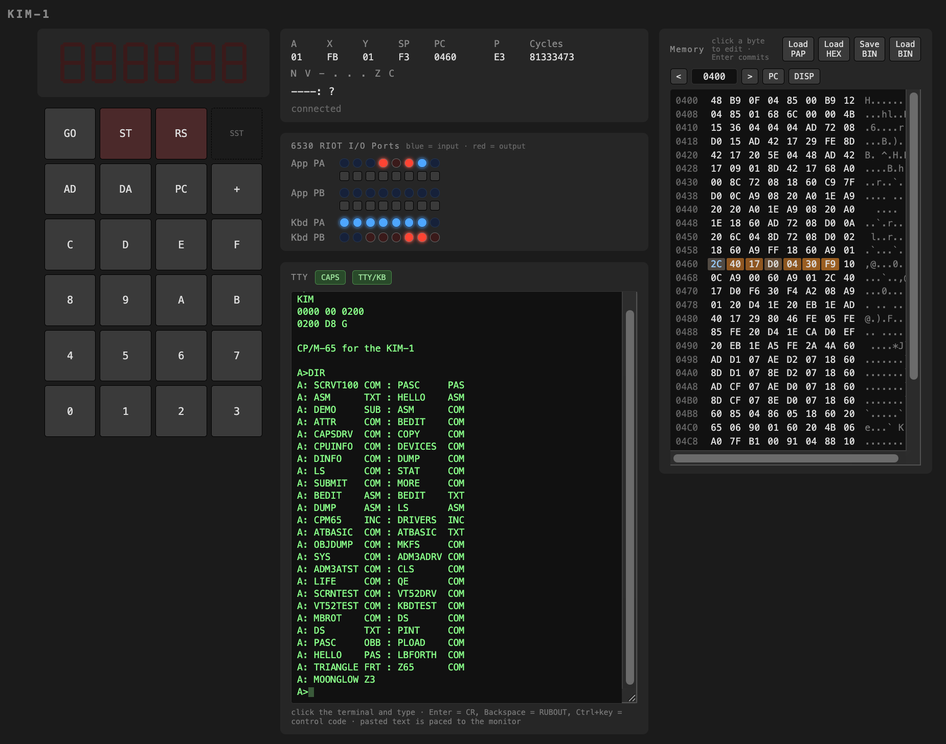 CP/M-65 running in the web interface of the KIM-1 simulator