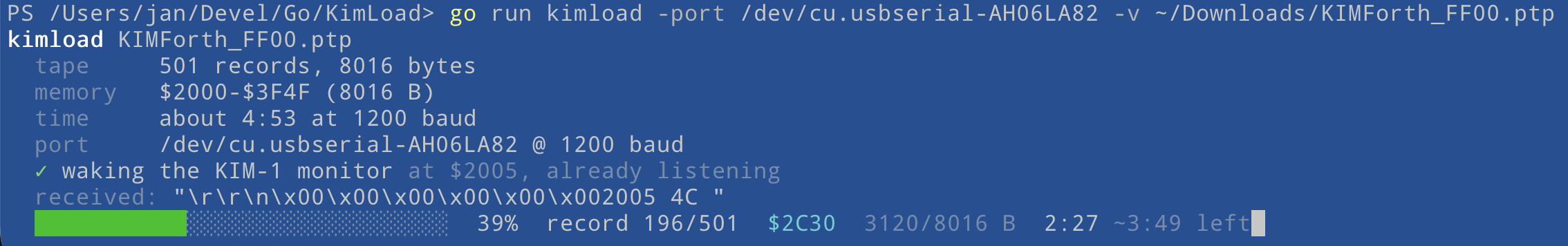 kimload transferring a PAP file to the PAL-2 over a serial connection
